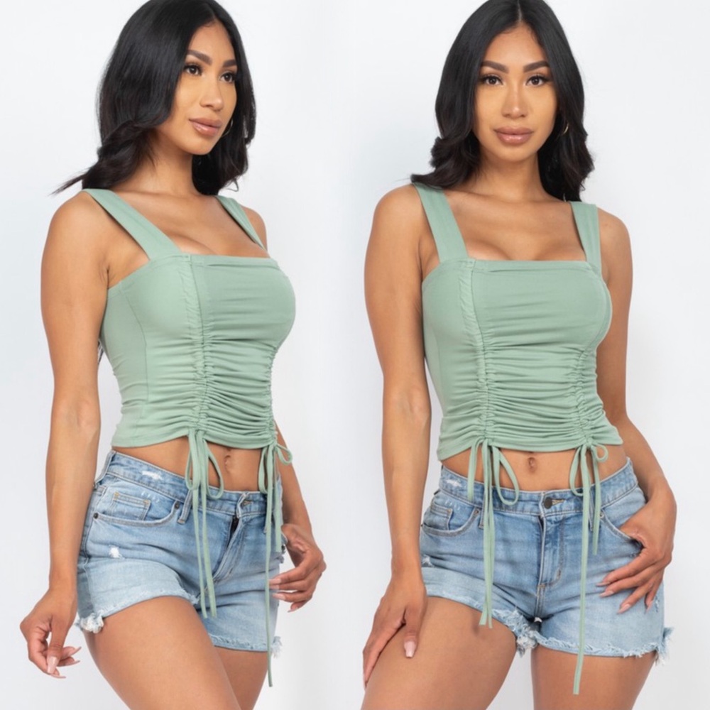 Thick strap stretchy ruched top in sage size large